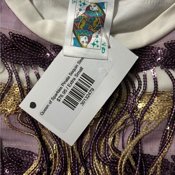 QUEEN OF SPARKLES PINATA SEQUIN SLEEVE PURPLE AND GOLD SHIRT XS NWT ECU / LSU - Picture 6 of 10